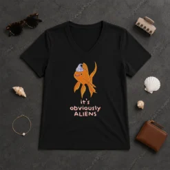Hot Top Goldfish Wearing Tin Foil Hat It Is Obviously Aliens V-Neck Shirt