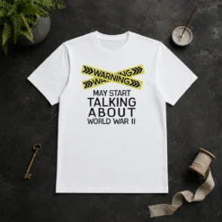 Hot Warning May Start Talking About World War II t shirt in black, classic crew neck style, front view
