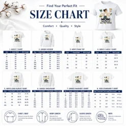 Size chart for Mom Master of All the Things Minimalist Shirt with measurements in inches and cm.