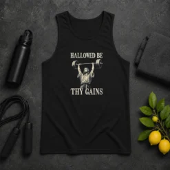 Nice Hallowed Be Thy Gains Tank Top in black, sleeveless athletic fit with bold text graphic on front