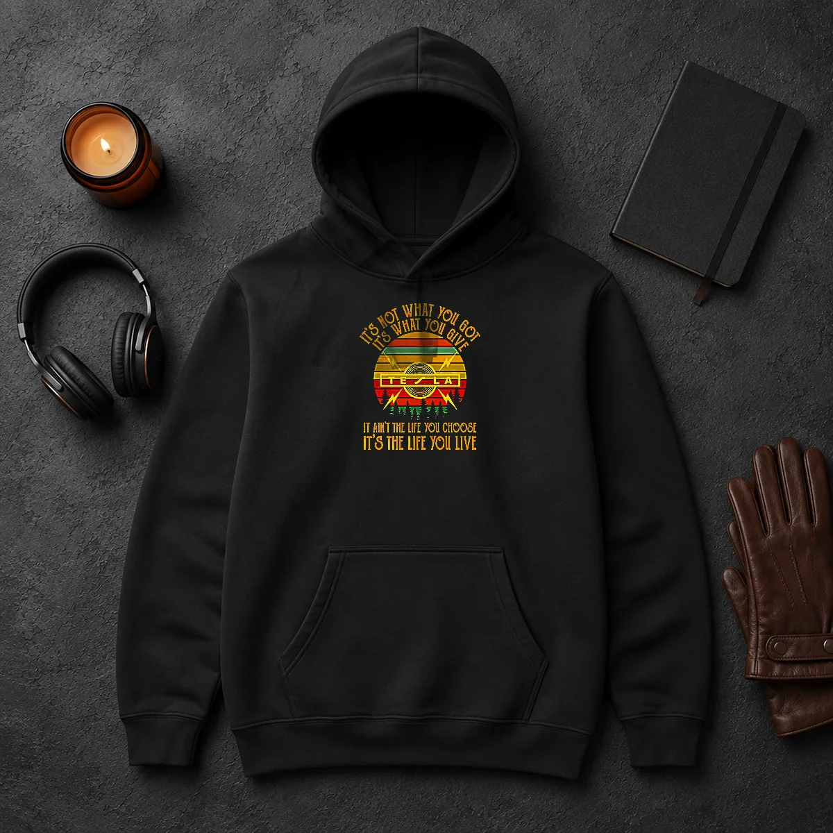 Nice It'S Not What You Got Its What You Give Tesla Hoodie Nice It'S Not What You Got Its What You Give Tesla Hoodie in black, featuring a front pocket and drawstring hood