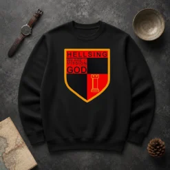 Nice Pretty Hellsing We Are On A Mission From God Shield Emblem Sweater in black with crew neck and long sleeves