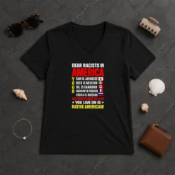 Official Dear Racists In America You Live On Is Native American V Neck Shirt in black showing front graphic and short sleeves
