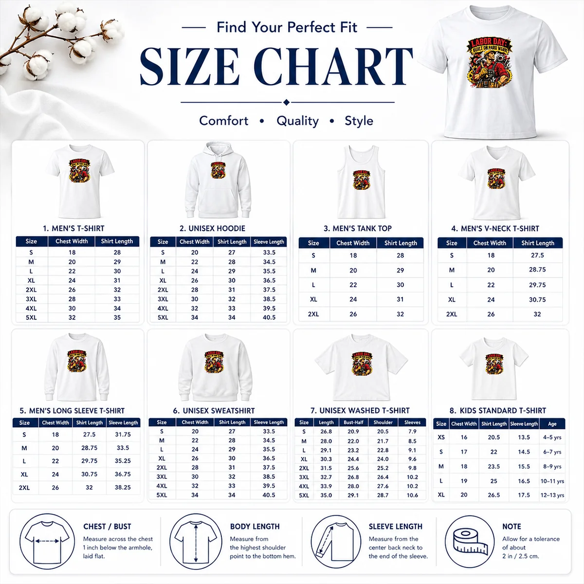 Official Labor Day Celebration Pride Worker Size Chart Size chart for Official Labor Day Celebration Pride Worker with measurements in inches and cm