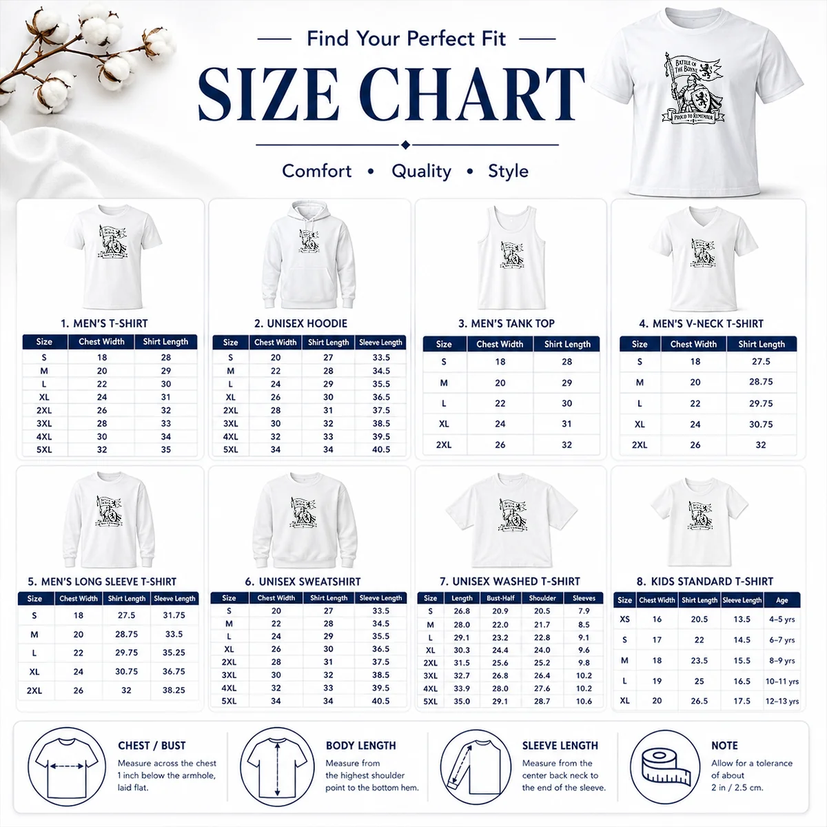 Official Nice Battle Of The Boyne Pride Line Art Size Chart Size chart for Official Nice Battle Of The Boyne Pride Line Art showing measurements in inches and cm