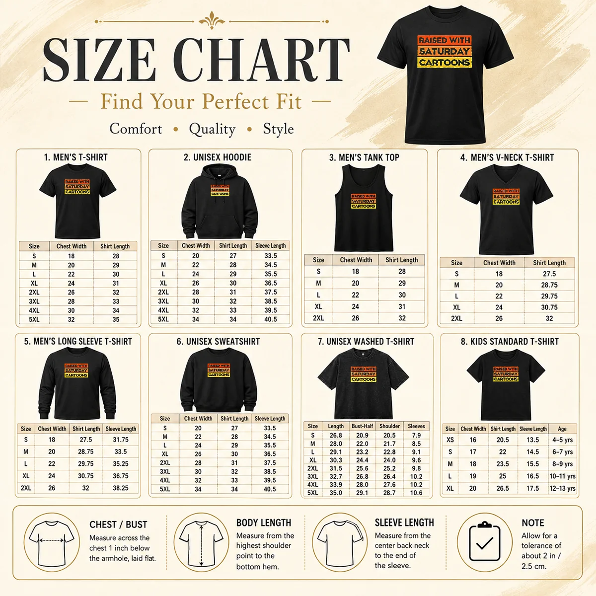 Official Raised With Saturday Cartoons Retro 90s Size Chart Size chart for Official Raised With Saturday Cartoons Retro 90s with measurements in inches and cm