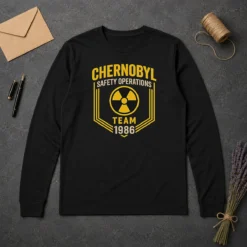 Original Chernobyl Safety Team 1986 front and back printed geek long sleeve shirt featuring vintage radiation safety graphics
