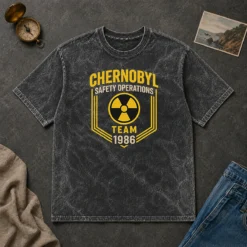 Original Chernobyl Safety Team 1986 Front And Back Printed Geek Washed T Shirt showing front and back print on a soft washed fabric
