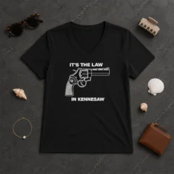 Original Hot It'S The Law In Kennesaw Gun Revolver V Neck Shirt in black with bold graphic print
