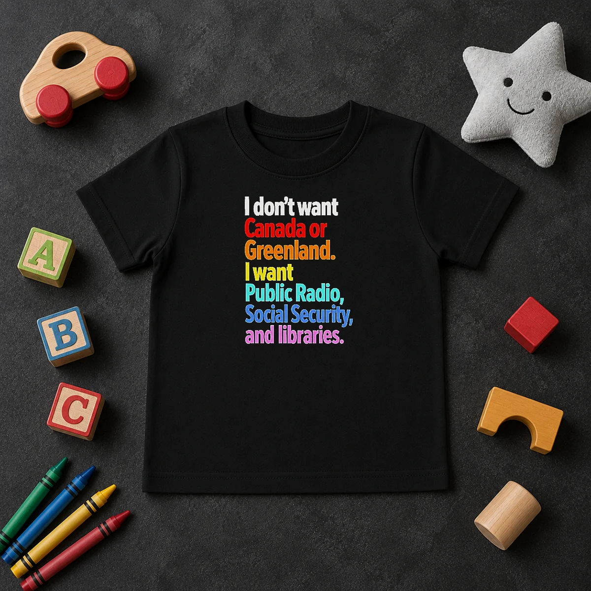 Original I Don'T Want Canada Or Greenland I Want Public Radio Social Security And Libraries Kids T Shirt Original I Don'T Want Canada Or Greenland I Want Public Radio Social Security And Libraries kids t shirt in white, front view