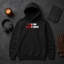 Original I Love Being An Alcoholic hoodie in charcoal gray with front pocket and drawstring hood