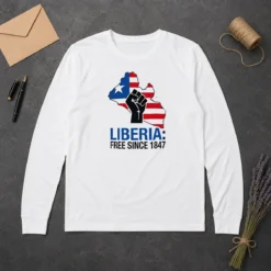 Original Liberia Free Since 1847 Long Sleeve Shirt in white, featuring bold text on front with long sleeves and crew neck