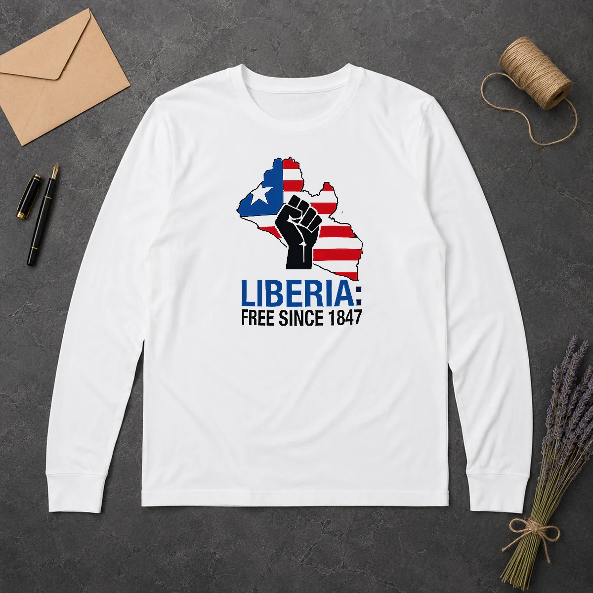 Original Liberia Free Since 1847 Long Sleeve Shirt Original Liberia Free Since 1847 Long Sleeve Shirt in white, featuring bold text on front with long sleeves and crew neck