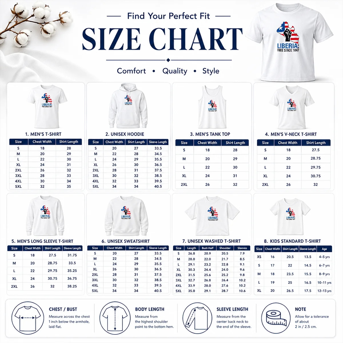 Original Liberia Free Since 1847 Size Chart Size chart for Original Liberia Free Since 1847 with measurements in inches and centimeters