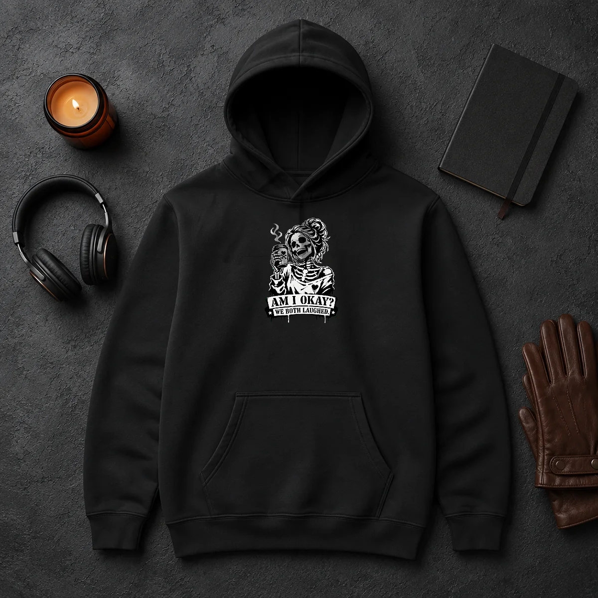 Original Nice Skeleton Girl Saying Am I Okay We Both Laughed Hoodie Original Nice Skeleton Girl Saying Am I Okay We Both Laughed Hoodie in black, featuring a skeleton girl graphic with text on front