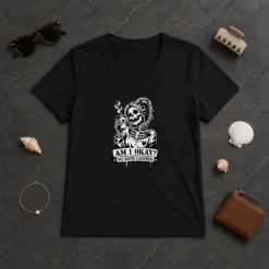 Original Nice Skeleton Girl Saying Am I Okay We Both Laughed V Neck Shirt in black, soft fabric with short sleeves