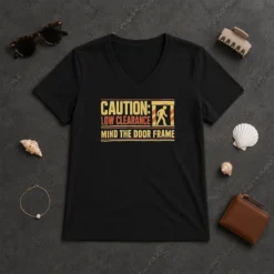 Original Premium Caution Low Clearance Mind The Door Frame V Neck Shirt in charcoal gray with short sleeves