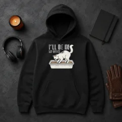 Original Pretty I Will Be In My Office Funny Cat Meme Litter Box Hoodie in black, front view with cat meme text
