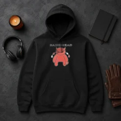 Original Pretty Radiohead Distressed Crying Devil Character Hoodie in black, featuring a distressed crying devil graphic on the front