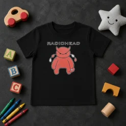 Original Pretty Radiohead Distressed Crying Devil Character Kids T Shirt in white, featuring a distressed crying devil graphic on a kids short sleeve tee