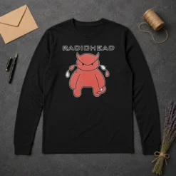 Original Pretty Radiohead Distressed Crying Devil Character long sleeve shirt showing front graphic design on black fabric