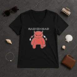 Original Pretty Radiohead Distressed Crying Devil Character V Neck Shirt showing front graphic print on soft fabric