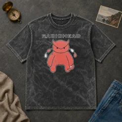 Original Pretty Radiohead Distressed Crying Devil Character washed t shirt in faded black with unique distressed design