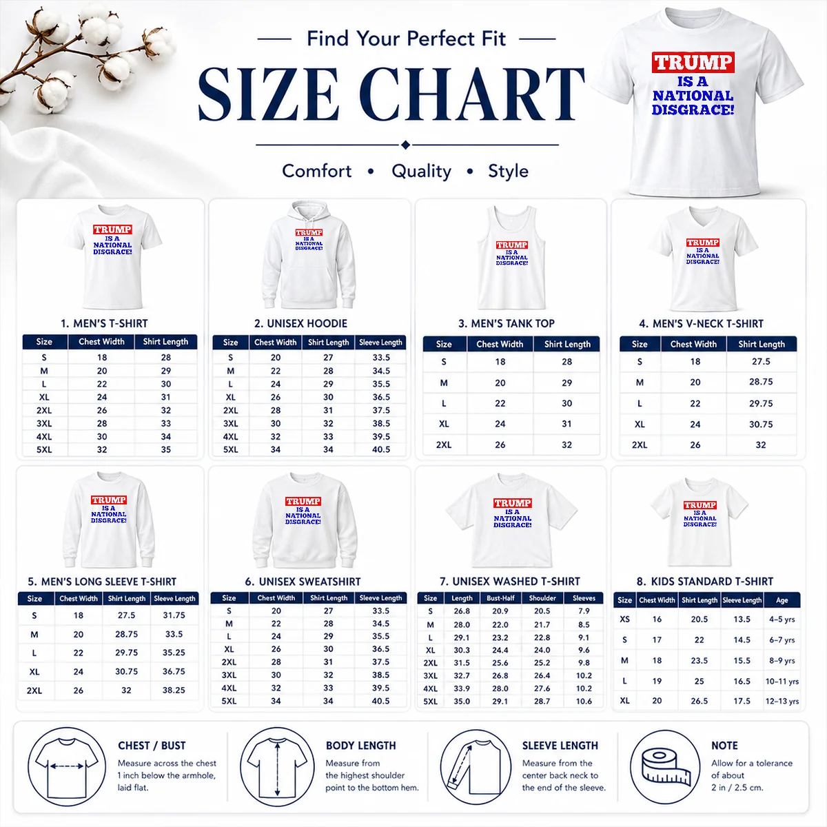 Original Trump Is A National Disgrace Political Protest Size Chart Size chart for Original Trump Is A National Disgrace Political Protest Shirt with measurements in inches and cm