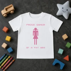 Perfect Funny Proud Owner Of A Fat Ass Kids T Shirt in bright colors, short-sleeve cotton tee for children