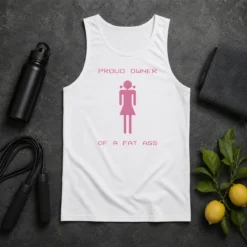 Perfect Funny Proud Owner Of A Fat Ass Tank Top in white, casual sleeveless summer shirt