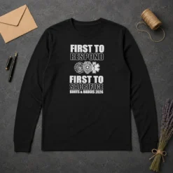 Premium First To Respond And Sacrifice Boots And Badges 2026 Fire Police EMS long sleeve shirt in black, showing front graphic design
