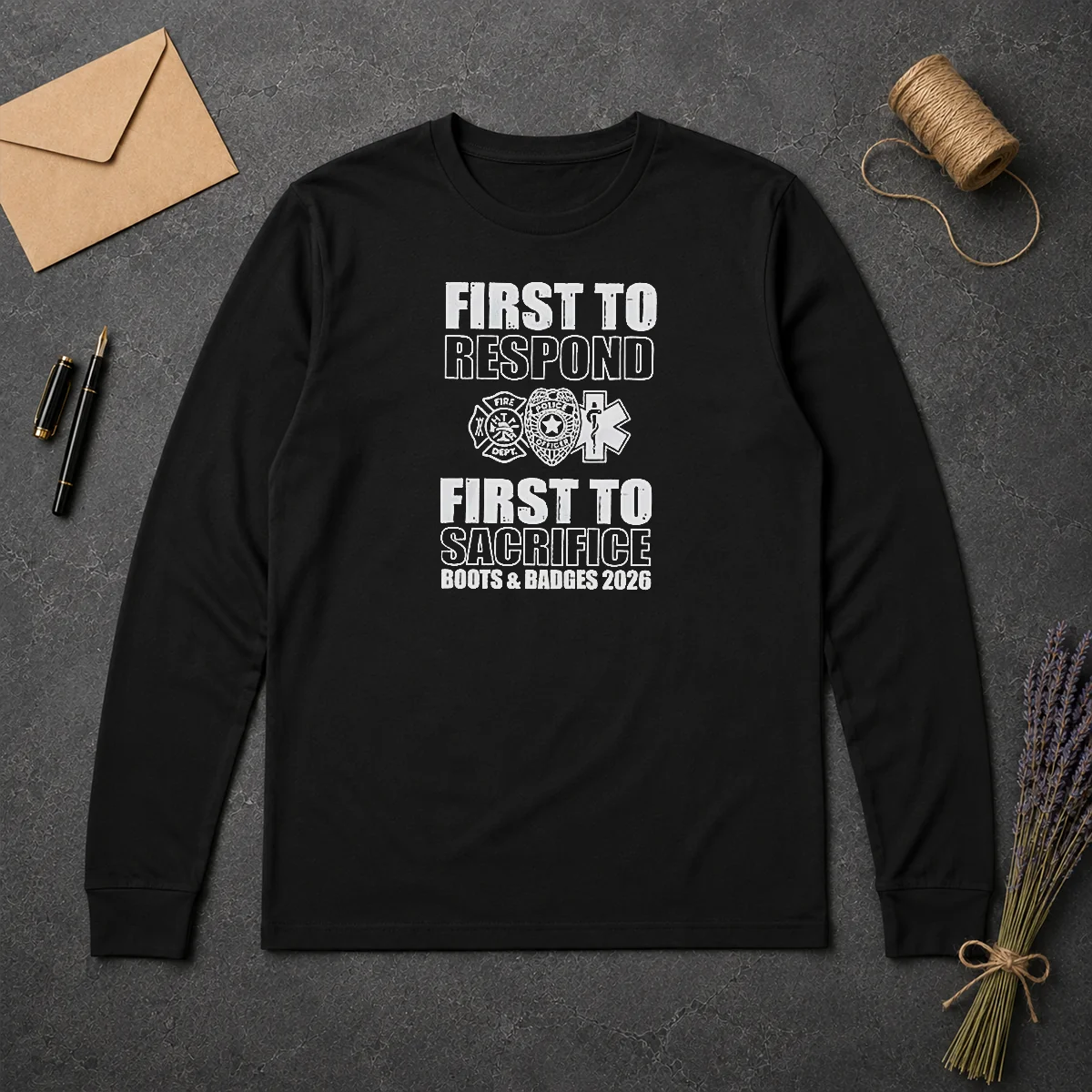 Premium First To Respond And Sacrifice Boots And Badges 2026 Fire Police EMS Long Sleeve Shirt Premium First To Respond And Sacrifice Boots And Badges 2026 Fire Police EMS long sleeve shirt in black, showing front graphic design