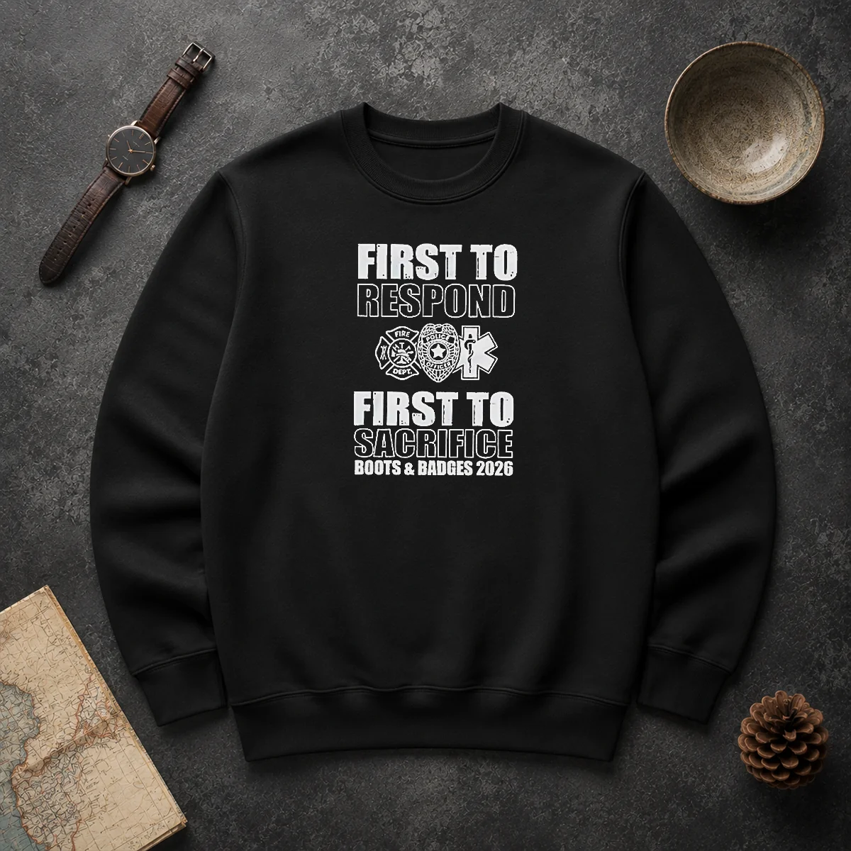 Premium First To Respond And Sacrifice Boots And Badges 2026 Fire Police EMS Sweater Premium First To Respond And Sacrifice Boots And Badges 2026 Fire Police EMS Sweater