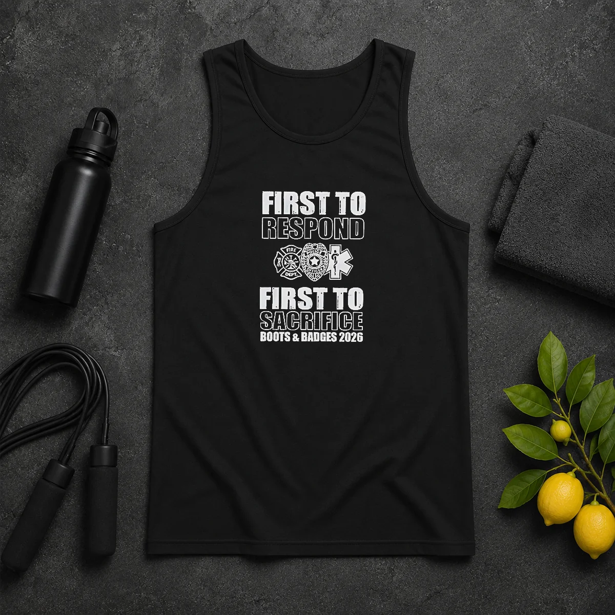 Premium First To Respond And Sacrifice Boots And Badges 2026 Fire Police EMS Tank Top Premium First To Respond And Sacrifice Boots And Badges 2026 Fire Police EMS tank top in black, sleeveless with bold graphic print