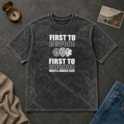 Premium First To Respond And Sacrifice Boots And Badges 2026 Fire Police EMS design on a washed t shirt, front view
