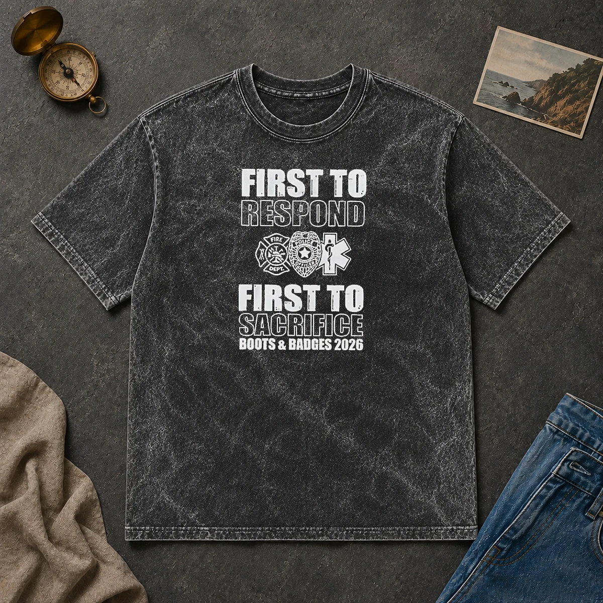 Premium First To Respond And Sacrifice Boots And Badges 2026 Fire Police EMS Washed T Shirt Premium First To Respond And Sacrifice Boots And Badges 2026 Fire Police EMS design on a washed t shirt, front view