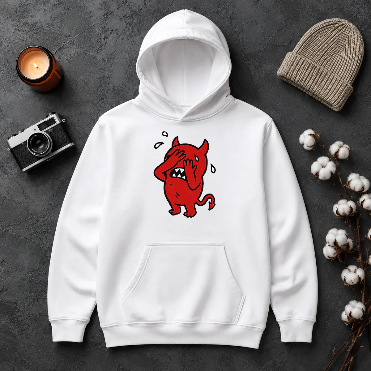 Premium Funny Devil Cartoon Facepalm Panicking Sweating Hoodie Premium Funny Devil Cartoon Facepalm Panicking Sweating Hoodie