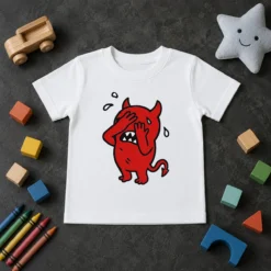 Premium Funny Devil Cartoon Facepalm Panicking Sweating Kids T Shirt in bright red cotton fabric