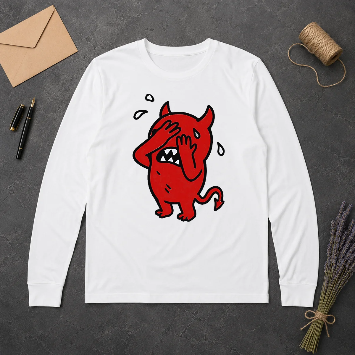 Premium Funny Devil Cartoon Facepalm Panicking Sweating Long Sleeve Shirt Premium Funny Devil Cartoon Facepalm Panicking Sweating Long Sleeve Shirt