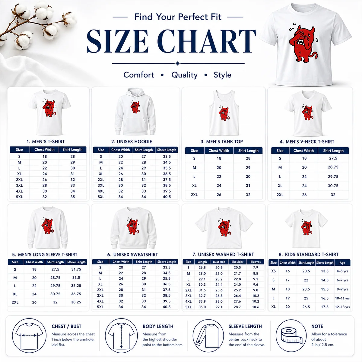 Premium Funny Devil Cartoon Facepalm Panicking Sweating Size Chart Size chart for Premium Funny Devil Cartoon Facepalm Panicking Sweating with measurements in inches and cm