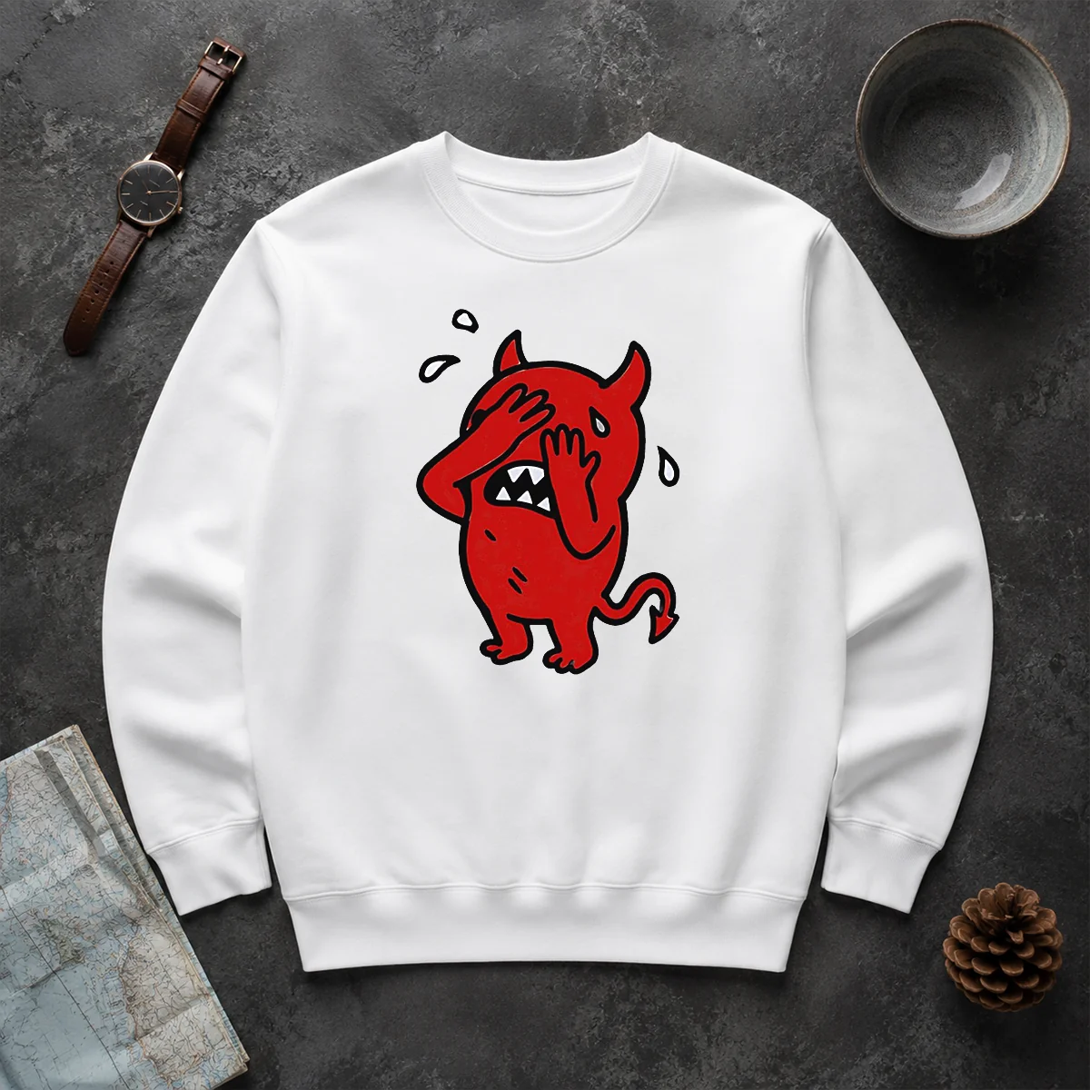 Premium Funny Devil Cartoon Facepalm Panicking Sweating Sweater Premium Funny Devil Cartoon Facepalm Panicking Sweating Sweater
