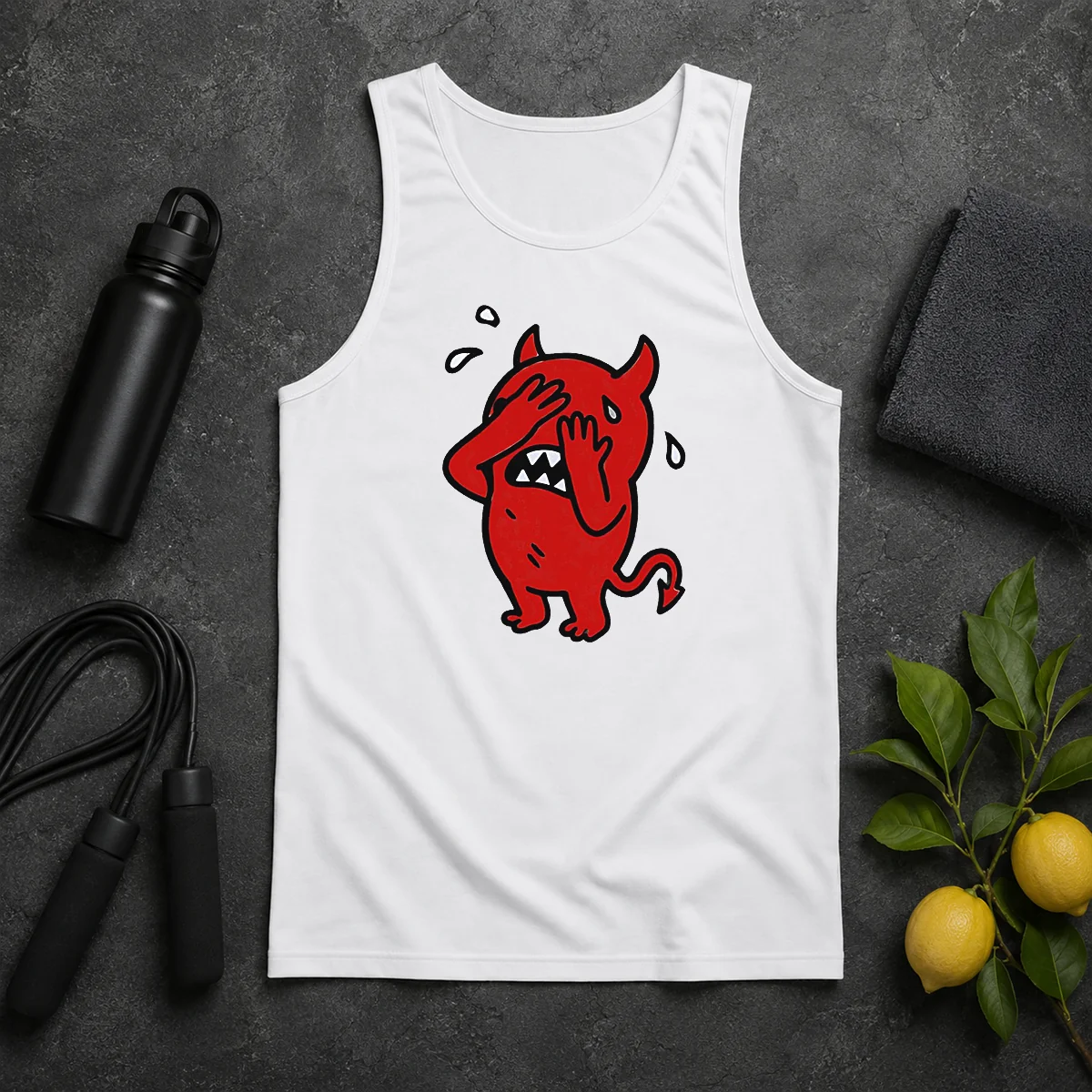 Premium Funny Devil Cartoon Facepalm Panicking Sweating Tank Top Premium Funny Devil Cartoon Facepalm Panicking Sweating Tank Top