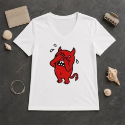 Premium Funny Devil Cartoon Facepalm Panicking Sweating V-Neck Shirt