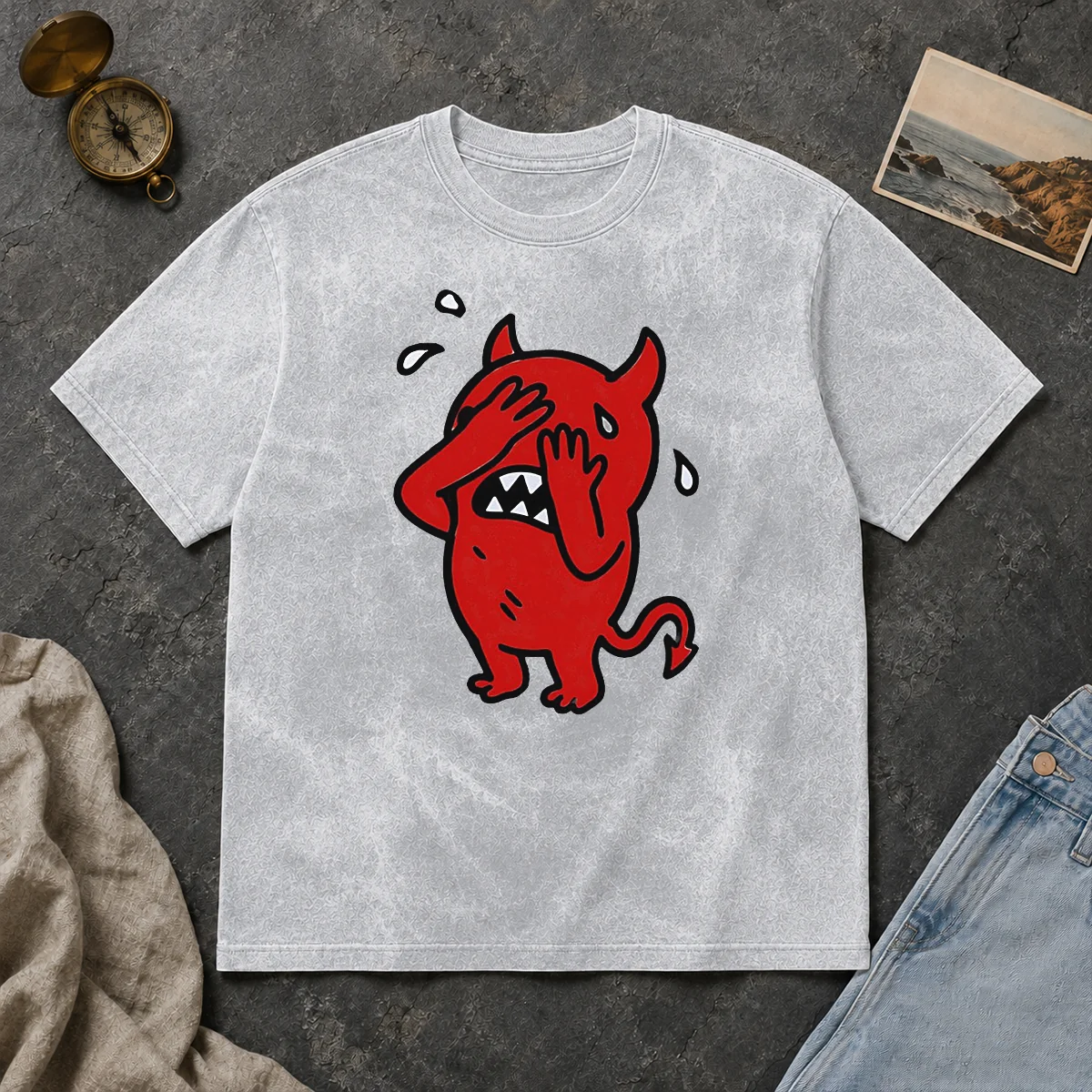 Premium Funny Devil Cartoon Facepalm Panicking Sweating Washed T Shirt Premium Funny Devil Cartoon Facepalm Panicking Sweating Washed T-Shirt