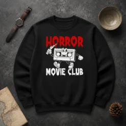 Premium Horror Movie Club Sweater in black with bold white and red horror-themed graphic print