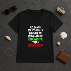 Premium Original Im Glad My Parents Taught Me More About Character Than Skin Color V Neck Shirt in soft fabric with a v neck collar