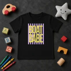 Premium Retro Stripes Sunshine Boat Babe kids t shirt featuring vibrant retro stripes and a playful boat design