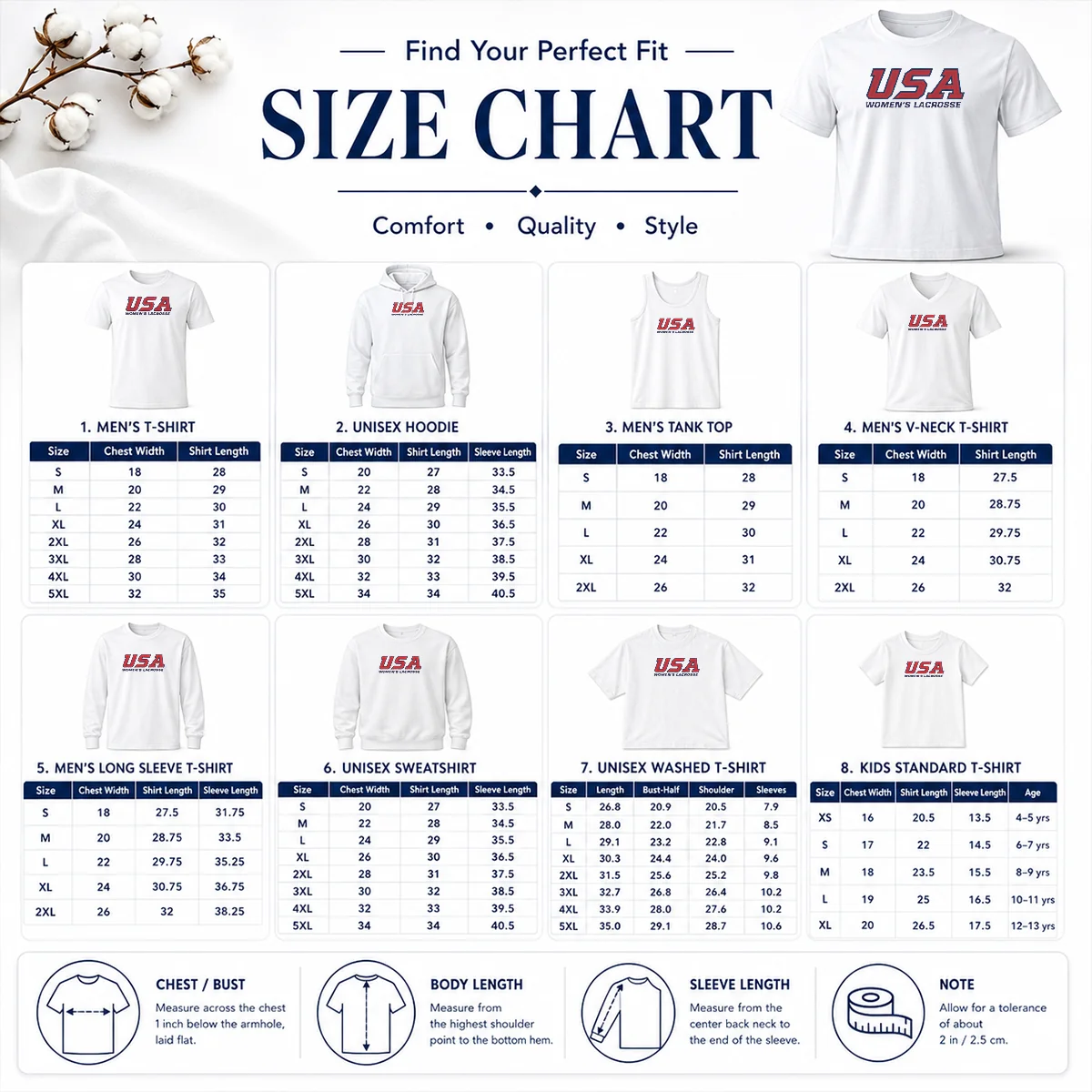 Premium USA Women'S Lacrosse Size Chart Size chart for Premium USA Women'S Lacrosse showing measurements in inches and cm