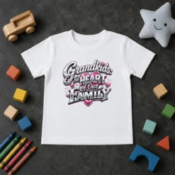 Pretty Grandkids The Heart Of Our Family Y2K Kids T Shirt featuring colorful Y2K style text on a comfortable children's tee