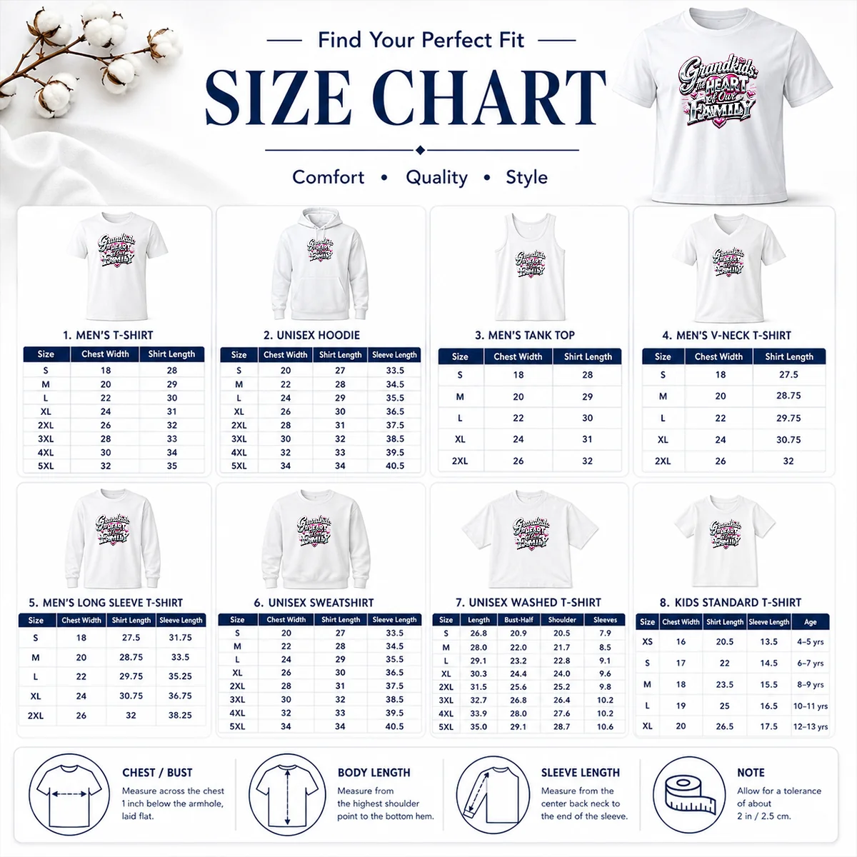 Pretty Grandkids The Heart Of Our Family Y2K Size Chart Size chart for Pretty Grandkids The Heart Of Our Family Y2K with measurements in inches and cm